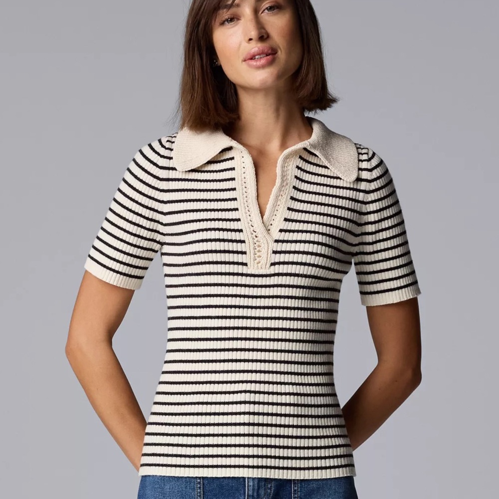Simply Vera Vera Wang Black and Cream Striped Crochet Polo Size Medium
